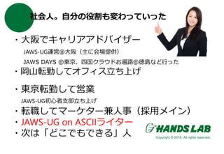 Copyright © 2016. All rights reserved.
社会人。自分の役割も変わっていった
・大阪でキャリアアドバイザー
JAWS-UG運営＠大阪（主に会場提供）
JAWS DAYS @東京、四国クラウドお遍路＠徳島など行った
・岡山転勤してオフィス立ち上げ
・東京転勤して営業
JAWS-UG初心者支部立ち上げ
・転職してマーケター兼人事（採用メイン）
・JAWS-UG on ASCIIライター
・次は「どこでもできる」人
 