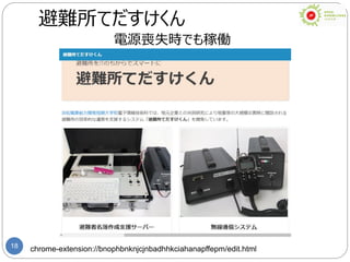 18 chrome-extension://bnophbnknjcjnbadhhkciahanapffepm/edit.html
避難所てだすけくん
電源喪失時でも稼働
 