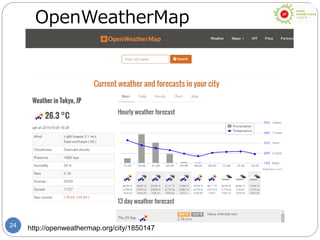 24 http://openweathermap.org/city/1850147
OpenWeatherMap
 