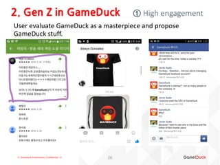 !!! GameDuck Presentation, Confidential !!!
① High engagement
26
User evaluate GameDuck as a masterpiece and propose
GameDuck stuff.
2. Gen Z in GameDuck
 