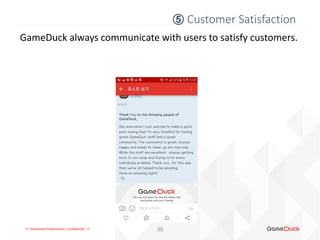 !!! GameDuck Presentation, Confidential !!! 30
GameDuck always communicate with users to satisfy customers.
⑤ Customer Satisfaction
 