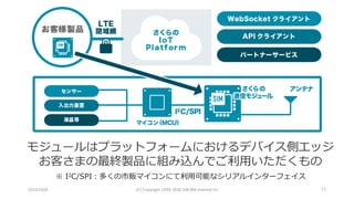 2016/10/6 (C)	Copyright	1996-2016	SAKURA	Internet	Inc 11
モジュールはプラットフォームにおけるデバイス側エッジ
お客さまの最終製品に組み込んでご利⽤いただくもの
※ I2C/SPI：多くの市販マイコンにて利⽤可能なシリアルインターフェイス
 