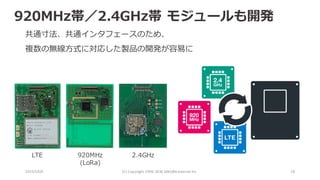 2016/10/6 (C)	Copyright	1996-2016	SAKURA	Internet	Inc 18
共通⼨法、共通インタフェースのため、
複数の無線⽅式に対応した製品の開発が容易に
LTE 920MHz
(LoRa)
2.4GHz
920MHz帯／2.4GHz帯 モジュールも開発
 