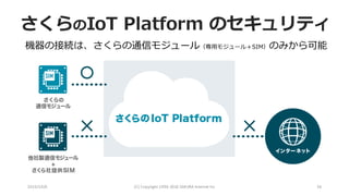 2016/10/6 (C)	Copyright	1996-2016	SAKURA	Internet	Inc 36
機器の接続は、さくらの通信モジュール（専⽤モジュール＋SIM）のみから可能
さくらのIoT Platform のセキュリティ
 