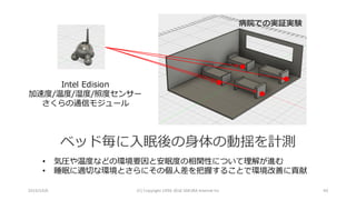 2016/10/6 (C)	Copyright	1996-2016	SAKURA	Internet	Inc 40
ベッド毎に⼊眠後の⾝体の動揺を計測
• 気圧や温度などの環境要因と安眠度の相関性について理解が進む
• 睡眠に適切な環境とさらにその個⼈差を把握することで環境改善に貢献
Intel Edision
加速度/温度/湿度/照度センサー
さくらの通信モジュール
病院での実証実験
 