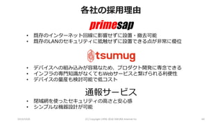 2016/10/6 (C)	Copyright	1996-2016	SAKURA	Internet	Inc 44
• 既存のインターネット回線に影響せずに設置・撤去可能
• 既存のLANのセキュリティに抵触せずに設置できる点が⾮常に優位
primesap
• デバイスへの組み込みが容易なため、プロダクト開発に専念できる
• インフラの専⾨知識がなくてもWebサービスと繋げられる利便性
• デバイスの量産も検討可能で低コスト
通報サービス
• 閉域網を使ったセキュリティの⾼さと安⼼感
• シンプルな機器設計が可能
各社の採⽤理由
 