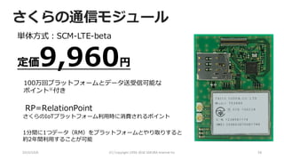 2016/10/6 (C)	Copyright	1996-2016	SAKURA	Internet	Inc 58
単体⽅式：SCM-LTE-beta
定価9,960円
100万回プラットフォームとデータ送受信可能な
ポイント※付き
RP=RelationPoint
さくらのIoTプラットフォーム利⽤時に消費されるポイント
1分間に1つデータ（RM）をプラットフォームとやり取りすると
約2年間利⽤することが可能
さくらの通信モジュール
 