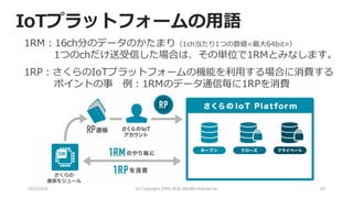2016/10/6 (C)	Copyright	1996-2016	SAKURA	Internet	Inc 60
1RM：16ch分のデータのかたまり（1ch当たり1つの数値<最⼤64bit>）
1つのchだけ送受信した場合は、その単位で1RMとみなします。
1RP：さくらのIoTプラットフォームの機能を利⽤する場合に消費する
ポイントの事 例：1RMのデータ通信毎に1RPを消費
IoTプラットフォームの⽤語
さくらの
通信モジュール
 
