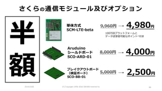 2016/10/6 (C)	Copyright	1996-2016	SAKURA	Internet	Inc
4,980円単体⽅式
SCM-LTE-beta
2,500円
4,000円
Aruduino
シールドボード
SCO-ARD-01
9,960円
5,000円
8,000円
さくらの通信モジュール及びオプション
半
額
100万回プラットフォームと
データ送受信可能なポイント※付き
88
ブレイクアウトボード
（検証ボード）
SCO-BB-01
 