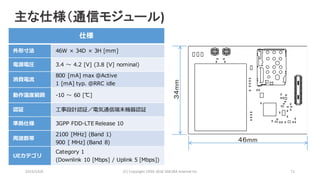 2016/10/6 (C)	Copyright	1996-2016	SAKURA	Internet	Inc 71
３４mm
４６mm
仕様
外形⼨法 46W × 34D × 3H [mm]
電源電圧 3.4 〜 4.2 [V] (3.8 [V] nominal)
消費電流
800 [mA] max @Active
1 [mA] typ. @RRC idle
動作温度範囲 -10 〜 60 [℃]
認証 ⼯事設計認証／電気通信端末機器認証
準拠仕様 3GPP FDD-LTE Release 10
周波数帯
2100 [MHz] (Band 1)
900 [ MHz] (Band 8)
UEカテゴリ
Category 1
(Downlink 10 [Mbps] / Uplink 5 [Mbps])
主な仕様（通信モジュール)
 
