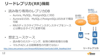 12
リードレプリカ(RR)機能
• 読み取り専⽤のレプリカDB
– Aurora, MySQL, PostgreSQLに対応
– Auroraは15台、MySQLとPostgreSQLは5台まで増設
可能
– RRのディスクタイプやインスタンスタイプをソース
とは異なるタイプに変更可能
• 想定ユースケース
– 読み取りのスケーリング、BI等の解析処理の分散
– マルチAZによる耐障害性の代替ではない
http://docs.aws.amazon.com/AmazonRDS/latest/UserGuide/USER_ReadRepl.html リードレプリカ
APP
APP
2APP
APP
読み書き
ワークロード
読み取り
ワークロード
 