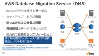 30
AWS Database Migration Service（DMS）
• RDBの移⾏を⽀援するサービス
• セットアップ・利⽤が容易
• 使った分だけの安価な費⽤
• 異機種間のデータ移⾏にも対応
• 低負荷で継続的なレプリケーション DMS
オンプレミ
ス
RDB
RDS
RDB on
EC2
オンプレミ
ス
RDB
RDS
RDB on
EC2
※オンプレ to オンプレは未サポート
特に異機種間データベースの移⾏や連携
基盤としての利⽤に強み
※DMSの詳細は以下の資料を参照してください
http://www.slideshare.net/AmazonWebServicesJapan/black-belt-
online-seminar-aws-amazon-rds
 