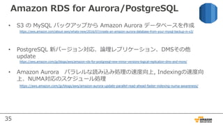 35
Amazon RDS for Aurora/PostgreSQL
• S3 の MySQL バックアップから Amazon Aurora データベースを作成
• PostgreSQL 新バージョン対応、論理レプリケーション、DMSその他
update
• Amazon Aurora パラレルな読み込み処理の速度向上, Indexingの速度向
上、NUMA対応のスケジュール処理
https://aws.amazon.com/about-aws/whats-new/2016/07/create-an-amazon-aurora-database-from-your-mysql-backup-in-s3/
https://aws.amazon.com/jp/blogs/aws/amazon-rds-for-postgresql-new-minor-versions-logical-replication-dms-and-more/
https://aws.amazon.com/jp/blogs/aws/amazon-aurora-update-parallel-read-ahead-faster-indexing-numa-awareness/
 