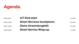 Agenda.
ERSTENS IoT Kick-start. 10 MIN
ZW EITENS Smart Services konzipieren. 60 MIN
DRITTENS Demo Anwendungsfall. 10 MIN
VIERTENS Smart Service Wrap-up. 10 MIN
 