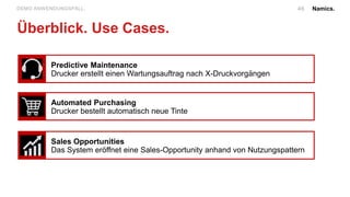 Namics.46DEMO ANWENDUNGSFALL.
Überblick. Use Cases.
Predictive Maintenance
Drucker erstellt einen Wartungsauftrag nach X-Druckvorgängen
Automated Purchasing
Drucker bestellt automatisch neue Tinte
Sales Opportunities
Das System eröffnet eine Sales-Opportunity anhand von Nutzungspattern
 