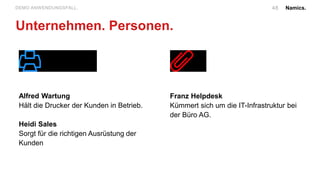 Namics.48DEMO ANWENDUNGSFALL.
Unternehmen. Personen.
Alfred Wartung
Hält die Drucker der Kunden in Betrieb.
Heidi Sales
Sorgt für die richtigen Ausrüstung der
Kunden
Franz Helpdesk
Kümmert sich um die IT-Infrastruktur bei
der Büro AG.
 
