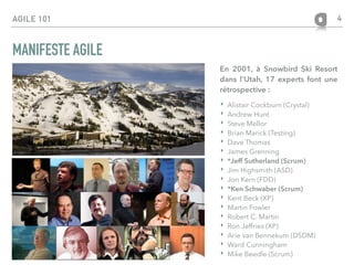 AGILE 101
MANIFESTE AGILE
4
En 2001, à Snowbird Ski Resort
dans l'Utah, 17 experts font une
rétrospective :
‣ Alistair Cockburn (Crystal)
‣ Andrew Hunt
‣ Steve Mellor
‣ Brian Marick (Testing)
‣ Dave Thomas
‣ James Grenning
‣ *Jeff Sutherland (Scrum)
‣ Jim Highsmith (ASD)
‣ Jon Kern (FDD)
‣ *Ken Schwaber (Scrum)
‣ Kent Beck (XP)
‣ Martin Fowler
‣ Robert C. Martin
‣ Ron Jeffries (XP)
‣ Arie van Bennekum (DSDM)
‣ Ward Cunningham
‣ Mike Beedle (Scrum)
 