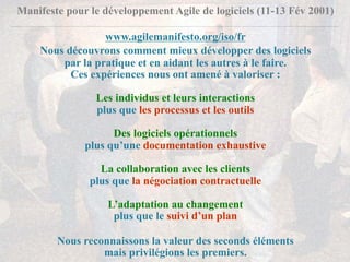 Manifeste pour le développement Agile de logiciels (11-13 Fév 2001)
www.agilemanifesto.org/iso/fr
Nous découvrons comment mieux développer des logiciels
par la pratique et en aidant les autres à le faire.
Ces expériences nous ont amené à valoriser :
Les individus et leurs interactions
plus que les processus et les outils
Des logiciels opérationnels
plus qu’une documentation exhaustive
La collaboration avec les clients
plus que la négociation contractuelle
L’adaptation au changement
plus que le suivi d’un plan
Nous reconnaissons la valeur des seconds éléments
mais privilégions les premiers.
 