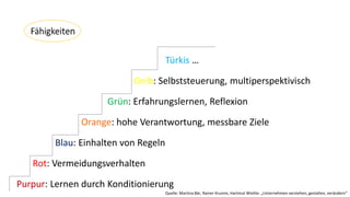 Purpur: Lernen durch Konditionierung
Rot: Vermeidungsverhalten
Blau: Einhalten von Regeln
Orange: hohe Verantwortung, messbare Ziele
Grün: Erfahrungslernen, Reflexion
Gelb: Selbststeuerung, multiperspektivisch
Türkis …
Quelle: Martina Bär, Rainer Krumm, Hartmut Wiehle: „Unternehmen verstehen, gestalten, verändern“
 