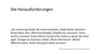 Die Herausforderungen:
„We need to go faster. Be more innovative. Make better decisions.
Break down silos. Work horizontally. Simplify our structure. Focus
on the customer. Scale without losing what makes us great. Be more
agile. Change our business model. Share information. Attract
different talent. Retain the great talent we have.”
Quelle: Aaron Dignan: „The OS Canvas“: http://bit.ly/2ccbXgb
 
