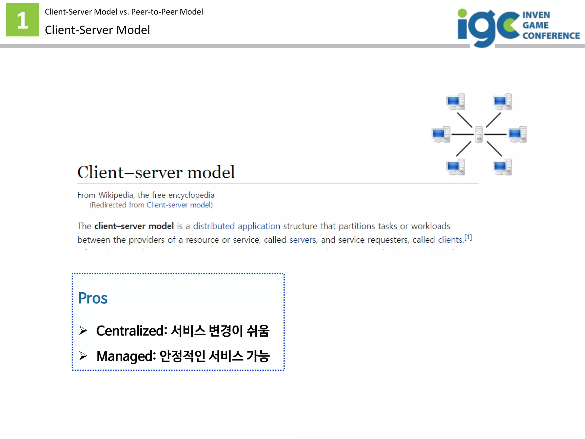 1 Client-Server Model
Pros
 Centralized: 서비스 변경이 쉬움
 Managed: 안정적인 서비스 가능
Client-Server Model vs. Peer-to-Peer Model
 
