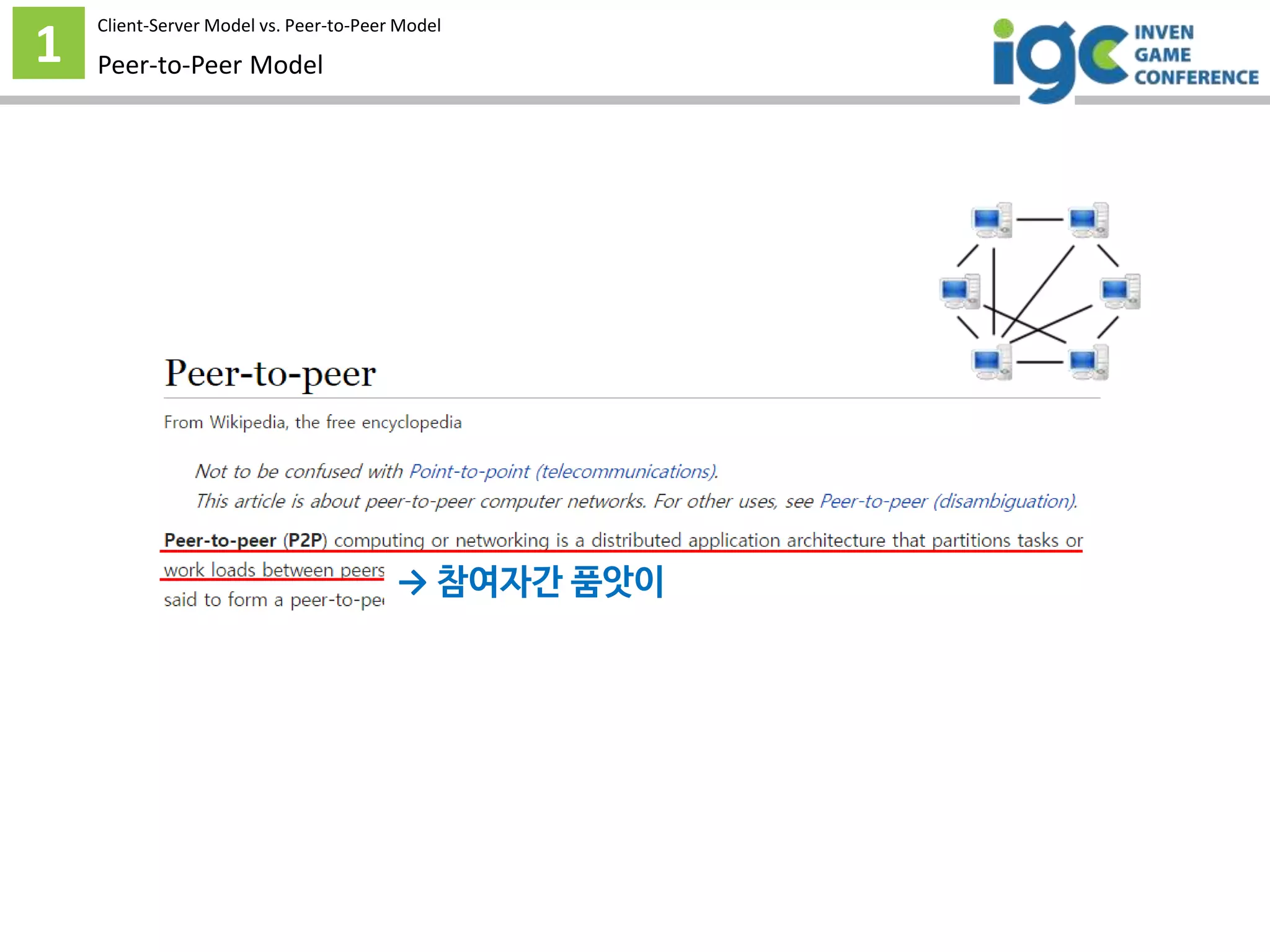 1 Peer-to-Peer Model
→ 참여자간 품앗이
Client-Server Model vs. Peer-to-Peer Model
 