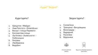 Куди? Звідки?
Куди їздять? Звідки їздять?
1. Хрещатик – Майдан
2. ЛьваТолстого – Олімпійська
3. Вокзал – площа Перемоги
4. Контрактова площа
5. Лук’янівка –Львівська пл. -
Глибочицька
6. Петрівка
7. Лівобережна
8. Видубичі
1. Солом’янка
2. Троєщина – Вигурівщина
3. Виноградар
4. Відрадний
5. Русанівка
6. Березняки
Відсутність безпересадкового
транспорту
Кількість жителів
району
 