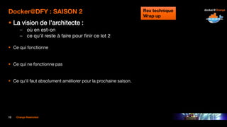 13 Orange Restricted
Docker@DFY : SAISON 2
 La vision de l’architecte :
– où en est-on
– ce qu’il reste à faire pour finir ce lot 2
 Ce qui fonctionne
 Ce qui ne fonctionne pas
 Ce qu’il faut absolument améliorer pour la prochaine saison.
Rex technique
Wrap up
 