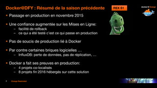 7 Orange Restricted
Docker@DFY : Résumé de la saison précédente
 Passage en production en novembre 2015
 Une confiance augmentée sur les Mises en Ligne:
– facilité de rollback
– ce qui a été testé c’est ce qui passe en production
 Pas de soucis de production lié à Docker
 Par contre certaines briques logicielles …
– InfluxDB: perte de données, pas de réplication, …
 Docker a fait ses preuves en production:
– 4 projets co-localisés
– 8 projets fin 2016 hébergés sur cette solution
REX S1
 