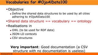#OJOALDATA100
Vocabularies for #OjoAlData100
Objective
 Define the shared data structures to be used by all cities
adher...