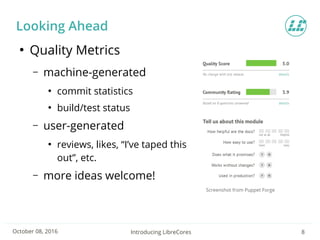 Introducing LibreCores 8October 08, 2016
Looking Ahead
●
Quality Metrics
– machine-generated
●
commit statistics
●
build/t...