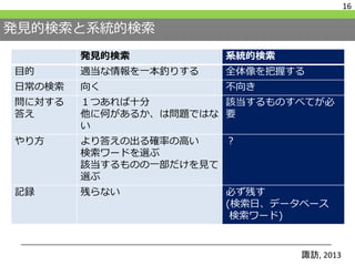 発見的検索と系統的検索
発見的検索 系統的検索
目的 適当な情報を一本釣りする 全体像を把握する
日常の検索 向く 不向き
問に対する
答え
１つあれば十分
他に何があるか、は問題ではな
い
該当するものすべてが必
要
やり方 より答えの出る確率の高い
検索ワードを選ぶ
該当するものの一部だけを見て
選ぶ
？
記録 残らない 必ず残す
(検索日、データベース
検索ワード)
16
諏訪, 2013
 