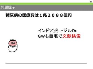 問題提示
糖尿病の医療費は１兆２０８８億円
26
インドア派：トジルDr.
GWも自宅で文献検索
 