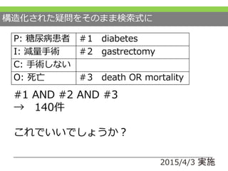 構造化された疑問をそのまま検索式に
#1 AND #2 AND #3
→ 140件
これでいいでしょうか？
2015/4/3 実施
P: 糖尿病患者 ＃1 diabetes
I: 減量手術 ＃2 gastrectomy
C: 手術しない
O: 死亡 ＃3 death OR mortality
 