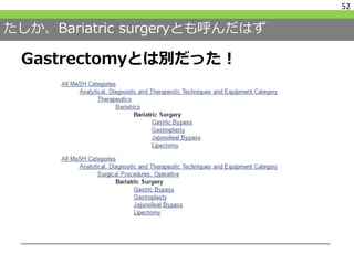 たしか、Bariatric surgeryとも呼んだはず
Gastrectomyとは別だった！
52
 
