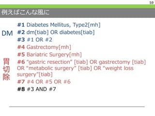 例えばこんな風に
#1 Diabetes Mellitus, Type2[mh]
#2 dm[tiab] OR diabetes[tiab]
#3 #1 OR #2
#4 Gastrectomy[mh]
#5 Bariatric Surgery[mh]
#6 “gastric resection” [tiab] OR gastrectomy [tiab]
OR “metabolic surgery” [tiab] OR “weight loss
surgery”[tiab]
#7 #4 OR #5 OR #6
#8 #3 AND #7
59
DM
胃
切
除
 