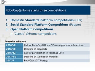 RoboCup@Home starts three competitions
1. Domestic Standard Platform Competitions (HSR)
2. Social Standard Platform Compet...