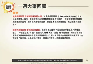警語：本文提及之經濟走勢預測不必然代表基金之績效，基金投資風險請參閱基金公開說明書
Copyright © 2015 Ezfunds Securities Investment Consulting Enterprise Ltd.
14
一週大事回顧
歐洲－
法總統籲歐盟 對英脫歐採強硬立場：法國總統歐蘭德 （ Francois Hollande) 於 6
日出席晚宴上表示，英國想不付出代價離開歐盟是不可能的， 敦促歐盟要對英國展
現強硬談判立場，若不讓英國嚐到苦頭，歐盟基本原則將會動搖，其它國家可能跟
進。
英鎊閃崩後回穩 確切原因待調查：英鎊對美元匯率 7 日在亞洲早盤出現「閃電崩
盤」 ，一度急貶 6.1% 至 1 英鎊兌 1.1841 美元，創近 32 年最低價。市場認為可能
原因有法國總統歐蘭德宣示要英國脫歐付出代價，觸發程式交易賣單與停損賣壓，亦
有出現「胖手指」人為錯誤的猜測。英國央行表示，將調查確切原因。
 