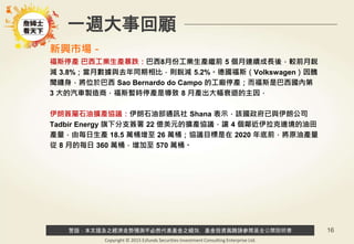 警語：本文提及之經濟走勢預測不必然代表基金之績效，基金投資風險請參閱基金公開說明書
Copyright © 2015 Ezfunds Securities Investment Consulting Enterprise Ltd.
16
新興市場－
福斯停產 巴西工業生產暴跌：巴西8月份工業生產繼前 5 個月連續成長後，較前月銳
減 3.8%；當月數據與去年同期相比，則銳減 5.2%。德國福斯（Volkswagen）因醜
聞纏身，將位於巴西 Sao Bernardo do Campo 的工廠停產；而福斯是巴西國內第
3 大的汽車製造商，福斯暫時停產是導致 8 月產出大幅衰退的主因，
伊朗簽屬石油擴產協議：伊朗石油部通訊社 Shana 表示，該國政府已與伊朗公司
Tadbir Energy 旗下分支簽署 22 億美元的擴產協議，讓 4 個鄰近伊拉克邊境的油田
產量，由每日生產 18.5 萬桶增至 26 萬桶；協議目標是在 2020 年底前，將原油產量
從 8 月的每日 360 萬桶，增加至 570 萬桶。
一週大事回顧
 