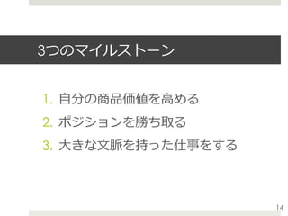 3つのマイルストーン
1.  ⾃分の商品価値を⾼める
2.  ポジションを勝ち取る
3.  ⼤きな⽂脈を持った仕事をする
14
 