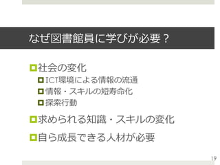 なぜ図書館員に学びが必要？
¤ 社会の変化
¤ ICT環境による情報の流通
¤ 情報・スキルの短寿命化
¤ 探索⾏動
¤ 求められる知識・スキルの変化
¤ ⾃ら成⻑できる⼈材が必要
19
 
