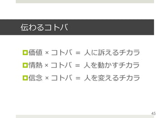 伝わるコトバ
¤ 価値 × コトバ ＝ ⼈に訴えるチカラ
¤ 情熱 × コトバ ＝ ⼈を動かすチカラ
¤ 信念 × コトバ ＝ ⼈を変えるチカラ
45
 