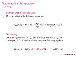 Mathematical formulations
Q-Learning
Bellman Optimality Equation
Q∗(s, a) satisﬁes the following equation:
Q∗(s, a) = R(s, a) + γ
s
P(s |s, a)max
a
Q∗(s , a )
Q-Learning
Let a be -greedy w.r.t. Q, and a be optimal w.r.t. Q. Q
converges to Q∗ if we iteratively apply the following update:
Q(s, a) ← α(R(s, a) + γQ(s , a )) + (1 − α)Q(s, a)
 