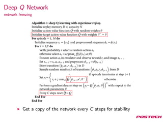 Deep Q Network
network freezing
Get a copy of the network every C steps for stability
 
