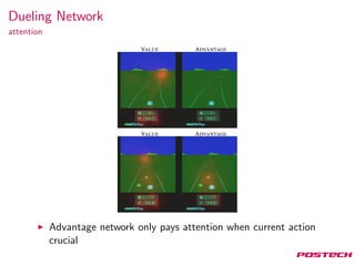 Dueling Network
attention
Advantage network only pays attention when current action
crucial
 