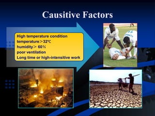 Causitive Factors
High temperature condition
temperature＞32℃
humidity＞ 60％
poor ventilation
Long time or high-intensitive work
 