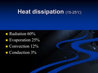 Heat dissipation (15-25℃)
 Radiation 60%
 Evaporation 25%
 Convection 12%
 Conduction 3%
 