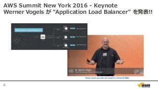 6
AWS Summit New York 2016 - Keynote
Werner Vogels が “Application Load Balancer” を発表!!
https://www.youtube.com/watch?v=b7y...