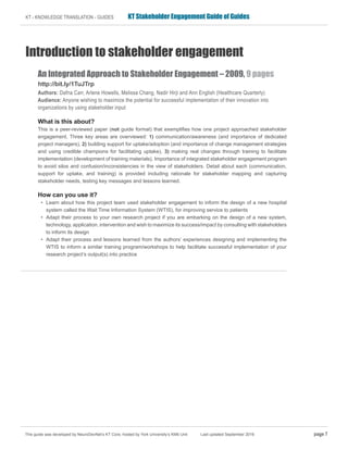 KT - KNOWLEDGE TRANSLATION - GUIDES	 KT Stakeholder Engagement Guide of Guides
Introduction to stakeholder engagement
An I...