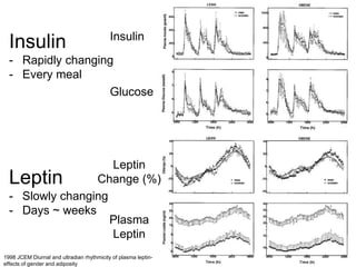 1998 JCEM Diurnal and ultradian rhythmicity of plasma leptin-
effects of gender and adiposity
Insulin
Glucose
Leptin
Change (%)
Plasma
Leptin
Insulin
- Rapidly changing
- Every meal
Leptin
- Slowly changing
- Days ~ weeks
 